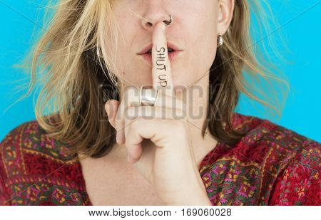 Woman Quiet Shut Up Secret Shh Portrait Concept