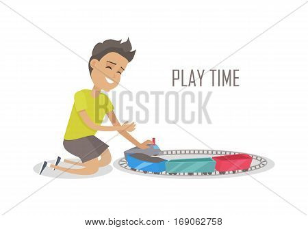 Play time. Little kid playing with train construction. Boy playing with toys. Smiling boy playing with trains and railroad. Isolated object on white background. Vector illustration.
