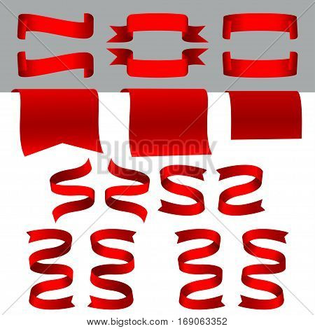 Set of red ribbon and banners on a gray background