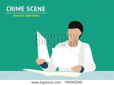 Investigation. Laboratory studies evidence. Forensic procedure. Murder investigation. Officer examines the documents the evidence. Flat style illustration.