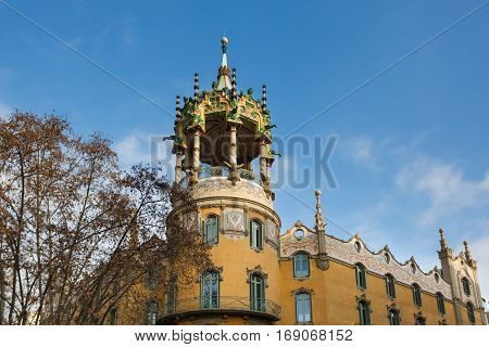 Barcelona Spain - January 03 2017: The tower of the La Rotonda is a building modernist located on the corner of Paseo de San Gervasio in Barcelona