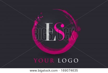 ES Circular Letter Brush Logo. Pink Brush with Splash Concept Design.