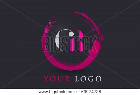 GR Circular Letter Brush Logo. Pink Brush with Splash Concept Design.