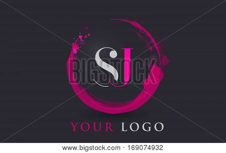 SJ Circular Letter Brush Logo. Pink Brush with Splash Concept Design.