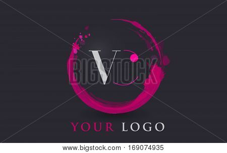 VC Circular Letter Brush Logo. Pink Brush with Splash Concept Design.