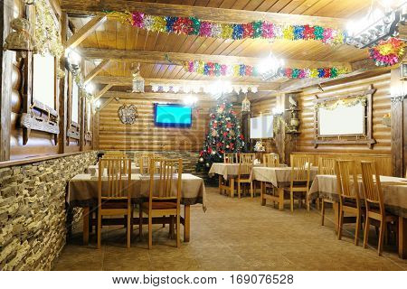 Interior of a cafe in a wooden house