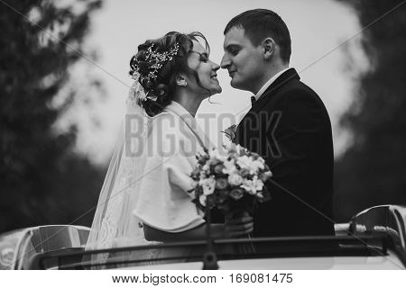 A Moment Before A Kiss Of Newlyweds Standing In A Hatchway