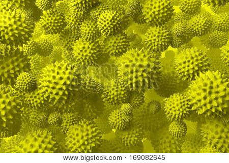 Detailed 3d medical illustration of viruses H1N1. May be used as Swine Flu or microorganism cells under microscope. Infection and microbe. Microbiology, popular scientific background. High Quality