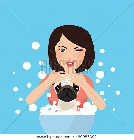 young professional pet groomer washing dog bathing with soap vector illustration