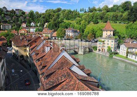 Roofs Of Old Building On River Bank In Bern, Switzerland