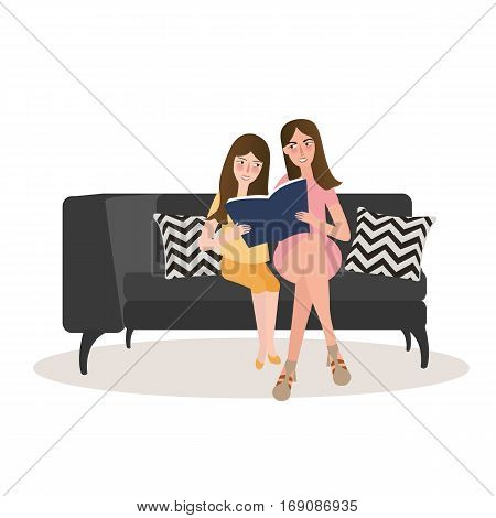 two woman mom and daughter reading book together sitting at sofa vector