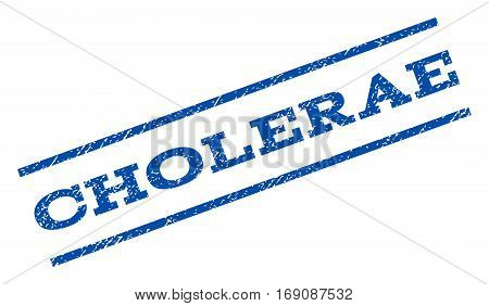 Cholerae watermark stamp. Text caption between parallel lines with grunge design style. Rotated rubber seal stamp with unclean texture. Vector blue ink imprint on a white background.