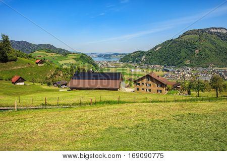 Stans, Switzerland - 8 May, 2016: view from the foot of Mt. Stanserhorn towards Lake Lucerne. Stanserhorn is a mountain, located in the Swiss canton of Nidwalden, close to its border with the canton of Obwalden.