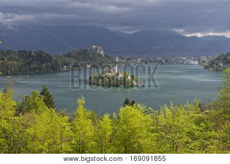 View of Lake Bled from Little Osojnica Hill, at spring day with light green trees on foreground and dark clouds on background, Slovenia