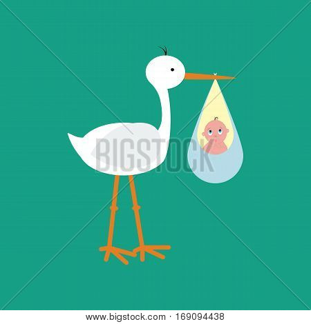 Stork brought the baby on the green background. Vector illustration