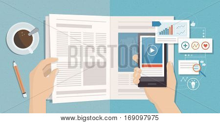 Man reading a magazine and viewing augmented reality content and news on a page using a smartphone technology and communication concept