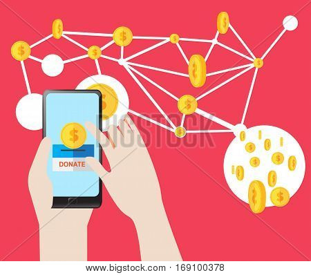 Vector Concept Donate coin on smartphone Technology