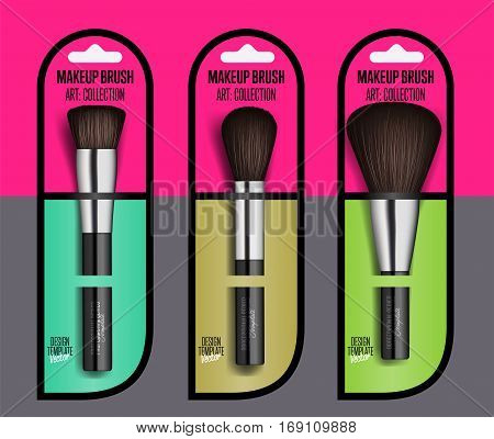 Realistic makeup brush set isolated vector illustration. Facial cosmetic 3D object collection. Fashion and beauty professional makeup artist brush in package, decorative cosmetic concealer powder tool
