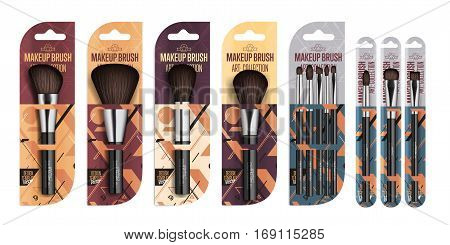Realistic makeup brush set isolated vector illustration. Facial cosmetic 3D object collection. Fashion and beauty professional makeup artist brush in package, decorative cosmetic concealer powder tool