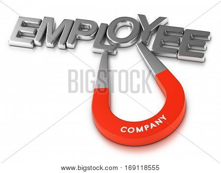 Horseshoe magnet attracting the word employee over white background 3d illustration of staff retention program or attractive employer.