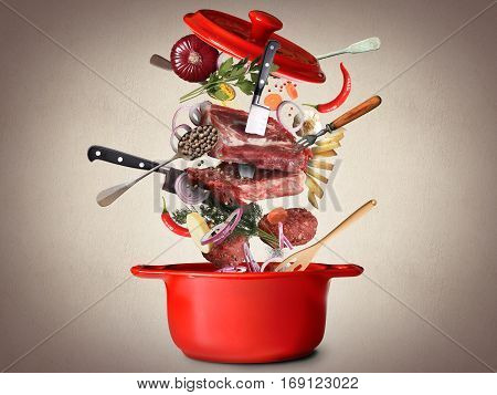 Meat and beef meatballs with vegetables and utensils