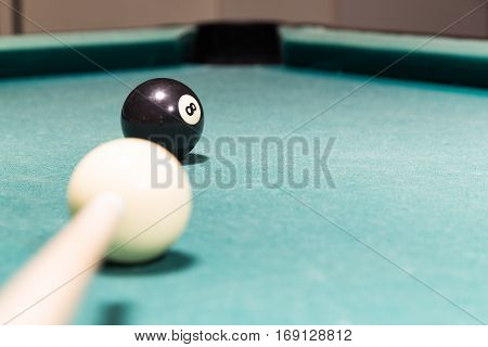Cue Aiming Black Ball Into Snooker Billards Table Pocket
