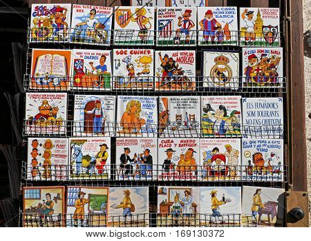 Besalu Spain - September 09 2014: Sale of tourist ceramic tiles in Besalu