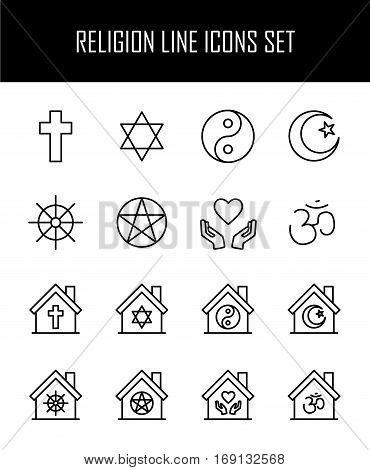 Set of religion icons in modern thin line style. High quality black outline culture symbols for web site design and mobile apps. Simple religion pictograms on a white background.
