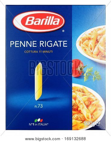 Front View Of Barilla Penne Rigate N.73 Italian Pasta Isolated On White Background