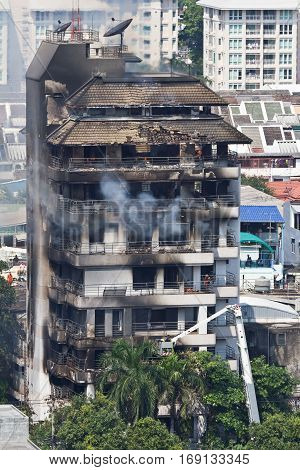 Bangkok, Thailand - February 05, 2015 Fire in a ten-storey building in Bangkok Yannawa district