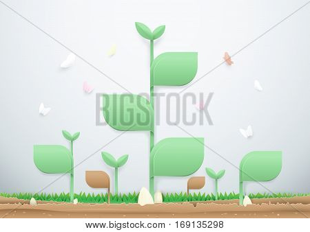 Plants grow up on the soil with butterflies. Ecology concept and paper art style