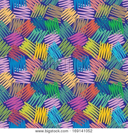 Abstract geometric background - seamless vector pattern in sketch drawing style. Yellow, pink, blue, green pastel colors. Hatch texture design. Messy ragged lines.