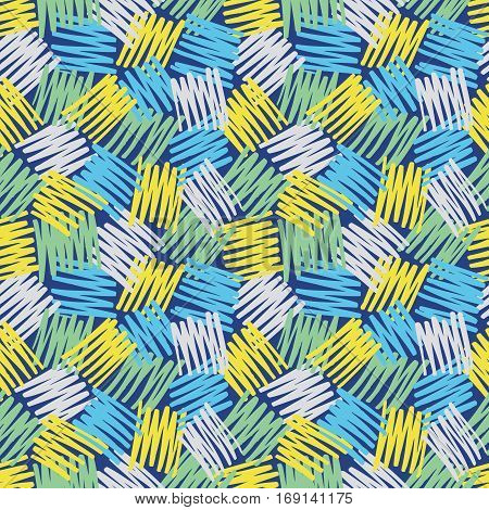 Abstract geometric background - seamless vector pattern in sketch drawing style. Yellow, green, gray and blue pastel colors. Hatch texture design. Messy ragged lines.
