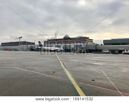 GENEVA - JANUARY 8: Aircraft operations at Geneva International Airport on January 8, 2016 in Geneva, Switzerland.