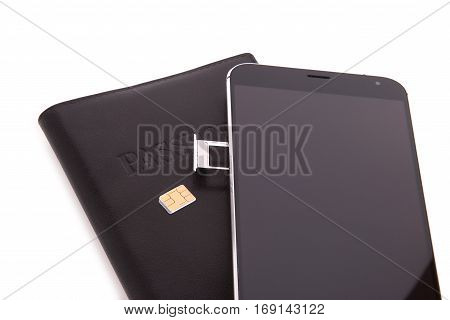Passport phone and SIM card. Items when on a white background