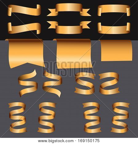 Set of golden ribbon and banners on a black and grey background