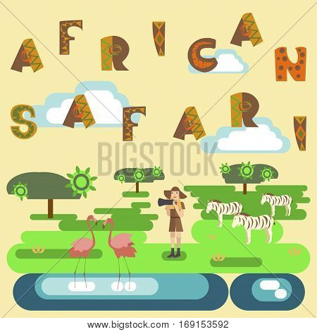 African safari concept with people and animals. Flat isolated eps10 vector illustration. Eco tourism