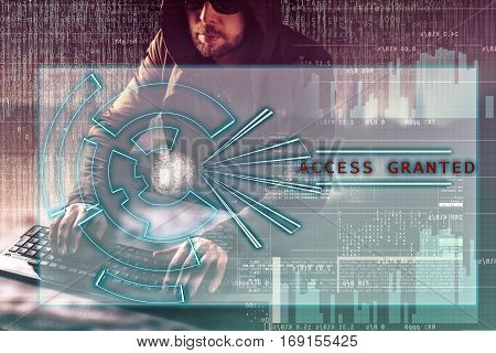 Internet crime concept. Hacker on dark digital background