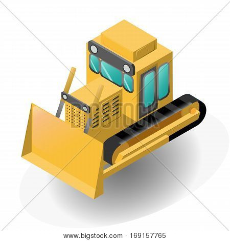 Isolated isometric yellow model of bulldozer. Vector illustration