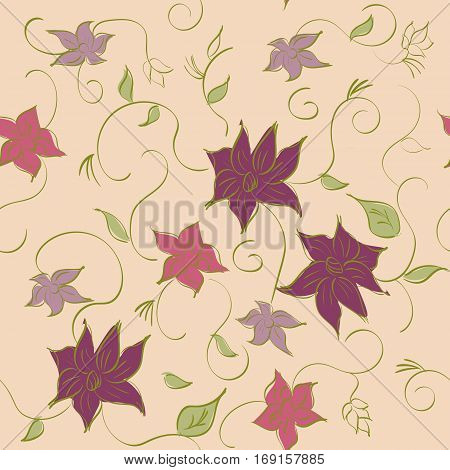 Vector seamless floral pattern with flowers, leaves, decorative elements, splash, blots, drop Hand drawn contour lines and strokes Doodle sketch style, graphic vector drawing illustration.