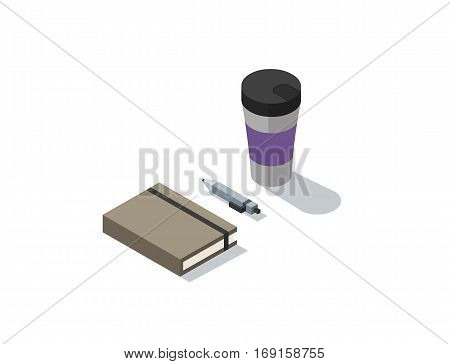 Vector isometric illustration of notebook with coffee, 3d flat coffee brake during working day concept.