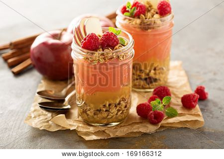 Applesauce and raspberry puree parfait with cinnamon and granola