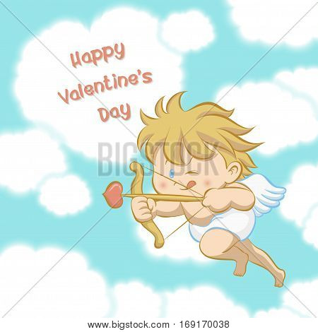 Cupid flying among heart shaped cloud aiming with bow and arrow with one eye close and stick-out tongue to celebrate Valentine's day in cartoon style