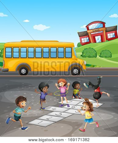 School campus with students playing in the field illustration