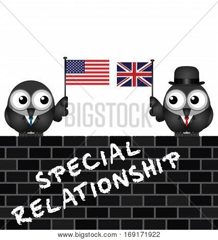 Representation of the USA UK special relationship with flag waving birds perched on a brick wall