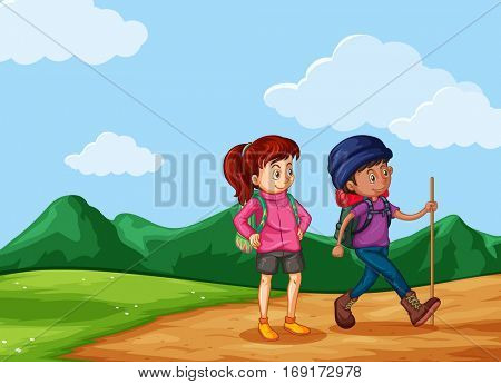 Two hikers hiking up the mountain illustration