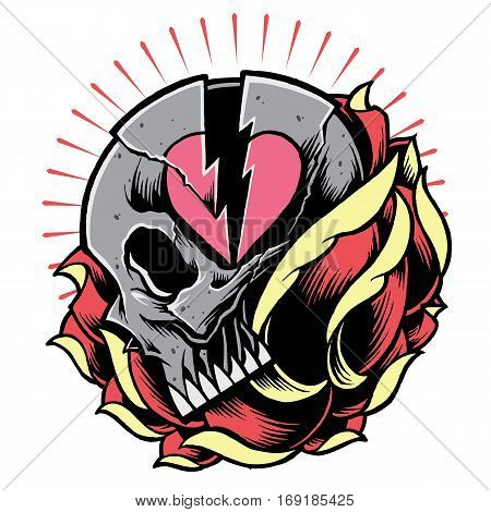 Skull and Broken Heart Symbol with Rose vector. In Old School Tattoo style.