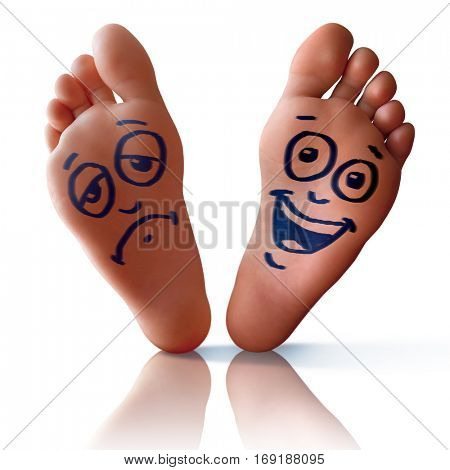 Happy foot and sad foot isolated in white background