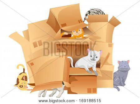 Animal Illustration Featuring Cute Cats Playing Around a Cat Tower Made from Cardboard Boxes