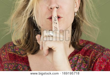 Woman Quiet Shut Up Secret Shh Portrait Concept